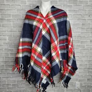 Vintage 70s Plaid Fringed Poncho AND Blanket by Faribo